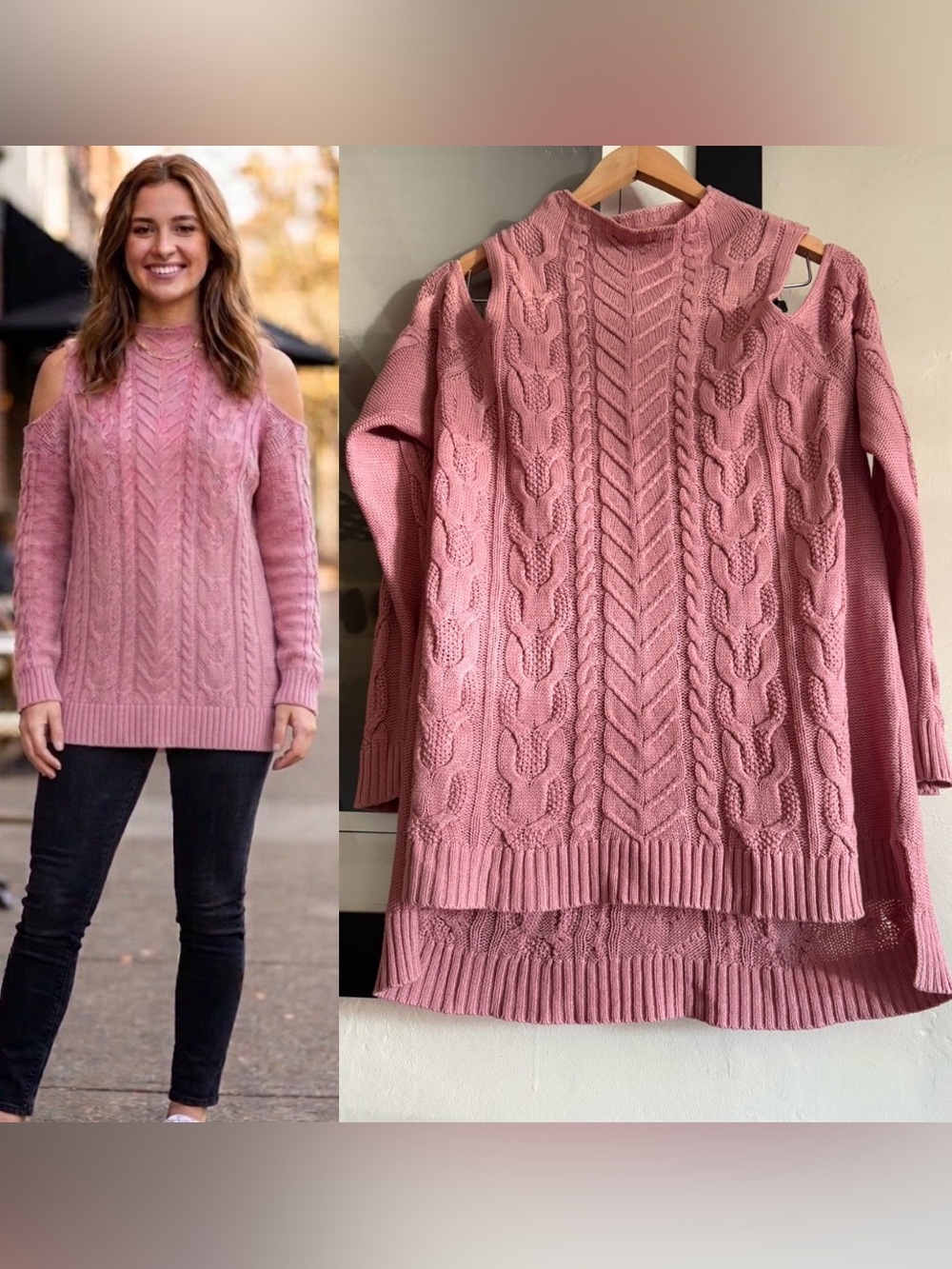 VINTAGE New York & Company Dusty Pink Cable Knit Cold-Shoulder Sweater